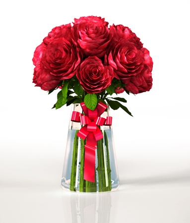 Glass vase full of big red roses, with ribbon  On white reflective surface and white background  Clipping path included の写真素材