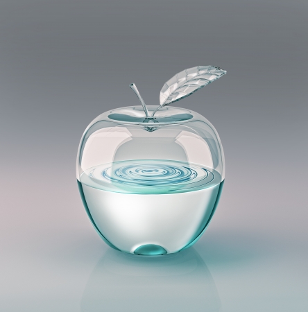 Apple with leaf, made of glass and half filled of clear water. On grey neutral background. With clipping path included.の写真素材