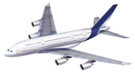 A 380 passenger aircraft. Viewed from above in perspective, on white background, with clipping path.の写真素材