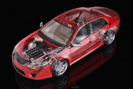Generic sedan car detailed cutaway representation, with ghost effect, on black backgound. Clipping path included.の写真素材