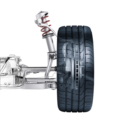 Multi link front car suspension, with brake. frontal view. Photorealistic 3 D rendering, with morphing effect to sketch hand drawing.の写真素材