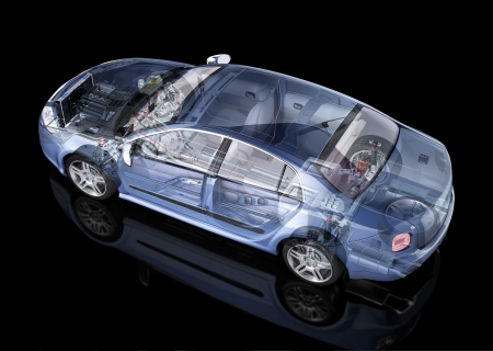 Generic sedan car detailed cutaway representation, with ghost effect, on black backgound. Side/Rear perspective view. Clipping path included.の写真素材