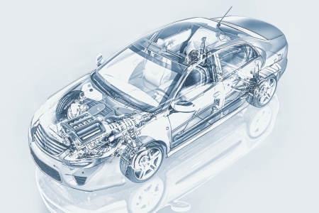Generic sedan car detailed cutaway representation, with ghost effect, in pencil drawing style, on neutral backgound   Clipping path included の写真素材