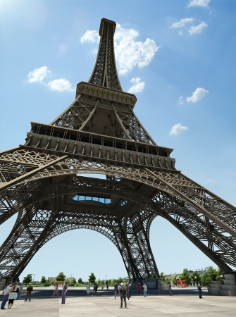 Eiffel Tower in Paris, dramatic view from below, with bright blue sky and a few small clousd on background のeditorial素材