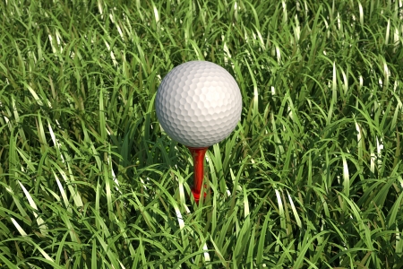 Golf ball isolated on tee in the grass, Close up, bird eye viewの写真素材