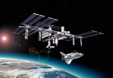 Space station in orbit around Earth, with Shuttle. with some starlights effects and a portion of the Earth at the bottom.の写真素材