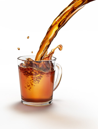 Tea pouring into a glass mug splashing. On a white surface and white background. Clipping path included.の写真素材