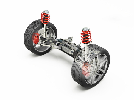 Multi link front car suspension, brakes and wheels, with ghost effect. On white background. Clipping path included.の写真素材