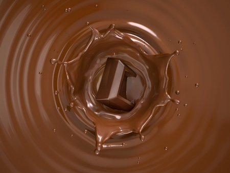 Chocolate cube splashing into a chocolate liquid pool with crown splash and circular ripples. Viewed from the top.の写真素材