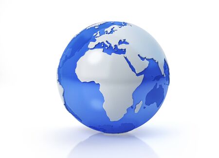 Earth globe stylized. Grey continents in relief. With transparent seas to reveal continents on the other side. On white background. Africa and Europe view.の写真素材