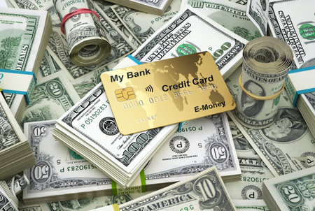 Money. US mixed scattered banknotes with a credit card over them. 3D illustration.