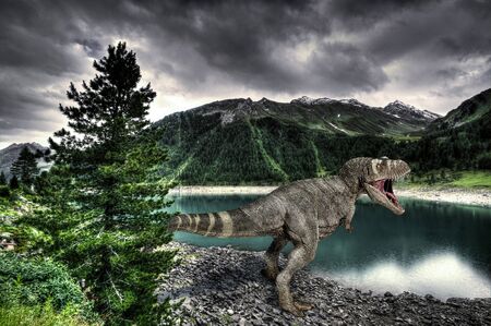 T-Rex dinosaur on a lake shore, with mountains in the background. 3D illustration.の写真素材