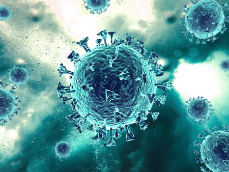 Corona virus scene with detailed structure. Turquoise subjects on turquoise background.の写真素材