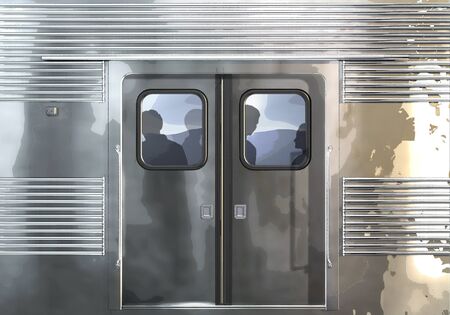Subway car close-up with doors and people silhouettes inside.. Side view.の写真素材
