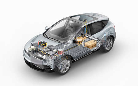 Electric generic car technical cutaway 3d rendering with all main details of EV system in ghost effect. Perspective bird eye view on white background.の写真素材
