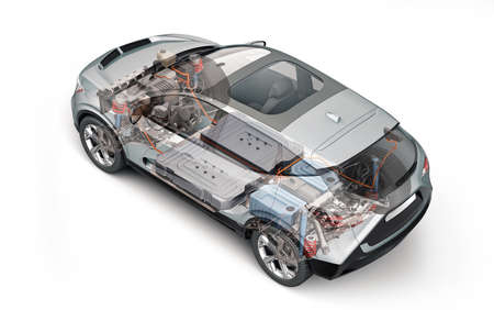 Electric generic car technical cutaway 3d rendering with all main details of EV system in ghost effect. Perspective top view on white background.の写真素材