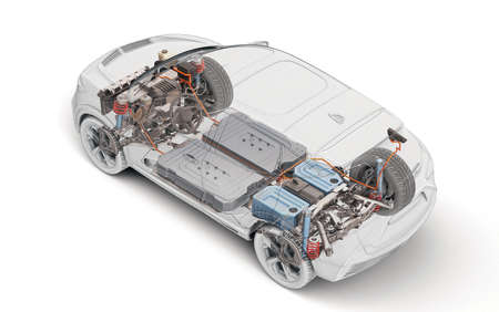 Electric generic car technical cutaway 3d rendering with all main details of EV system in ghost effect with drawing. Perspective top view on white background.の写真素材