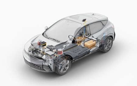 Electric generic car technical cutaway 3d rendering with all main details of EV system in ghost effect with drawing. Perspective bird eye view on white background.の写真素材