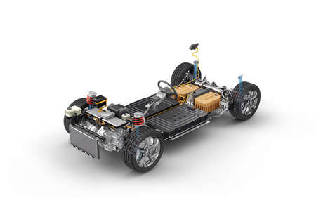 Electric car under carriage chassis. All main details of EV system, on white background.の写真素材