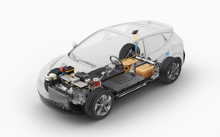 Electric generic car technical cutaway 3d rendering with all main details of EV system in ghost effect with drawing. Perspective bird eye view on white background.の写真素材