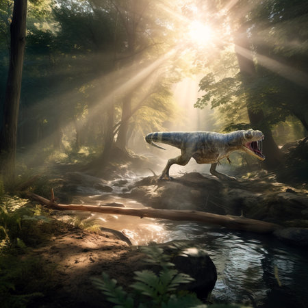 A photorealistic scene depicting a roaring T-Rex positioned in the middle of a Cretaceous forest. The forest features a small river, and sun rays pierce through the trees, creating a dramatic atmosphere. AI generated image.の素材