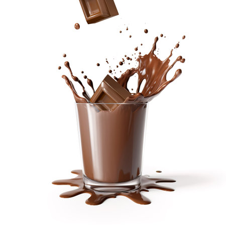 chocolate cubes gracefully splashing into a glass brimming with velvety liquid chocolate, creating captivating splashes. Isolated on a clean white background. AI generated image.の素材