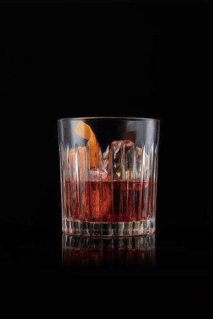 elegant glass of Bourbon Old Fashioned, adorned with a twist of orange skin and accompanied by...