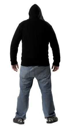 Young man standing backward isolated on white backgroundの写真素材