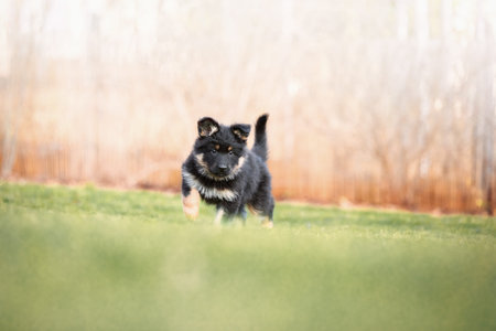 Funny black puppy having fun. Bohemian shepherd puppyの写真素材