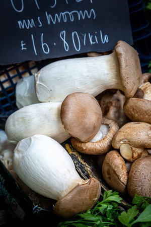 Oyster mushrooms for sale on a market stall