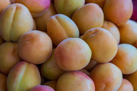 A full frame photograph of whole apricots for sale on a market stallの写真素材
