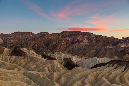 Looking out over Zabriskie Point at sunset, in Death Valley National Park