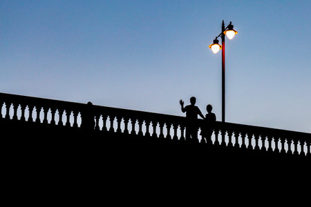 Silhouettes on a Bridge at Duskの写真素材
