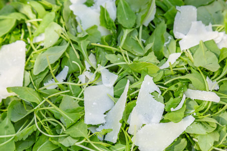 A full frame photograph of a green salad with cheese shavings