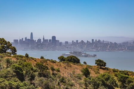 A view of Alcatraz and the San Francisco skyline, taken from Angel Islandの写真素材