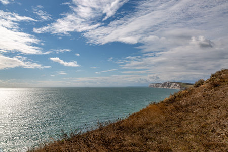 Looking across to Freshwater bay and Tennyson Down on the Isle of Wight, from a coastal path