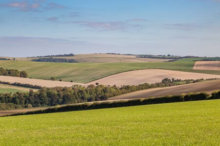 Patchwork fields in Sussex, on a sunny autumn morningの写真素材