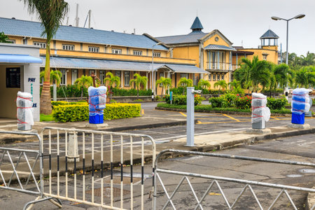 Port Louis, Mauritius. 18th January 2018. Barriers in place at the waterfromt during Cyclone Berguitta.のeditorial素材