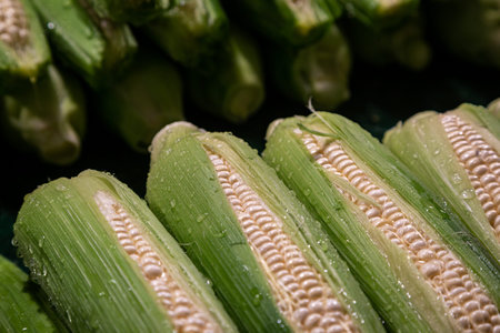 Cobs of freshly washed sweetcorn for sale on a market stall