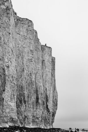 A black and white photograph of chalk cliffs on the Sussex coastの写真素材