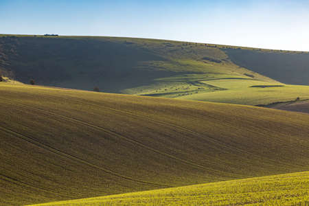 A green rolling landscape in the South Downs on a sunny winters dayの写真素材