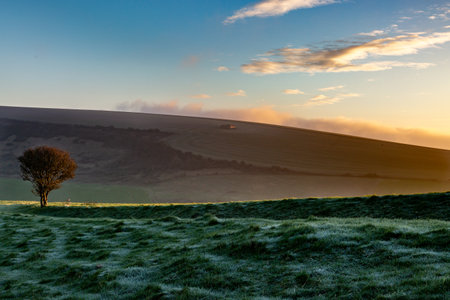 An idyllic South Downs December landscape at sunriseの写真素材