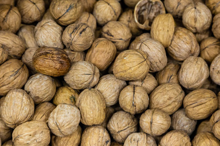Looking down at an abundance of walnuts, with a shallow depth of field