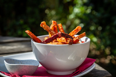 Sweet potato fries in a bowl on an outside tableの写真素材