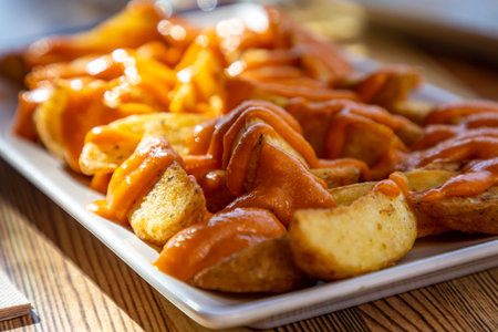 A plate of spicy potatoes, known as patatas bravas in Spain, on a sunny day in Seville