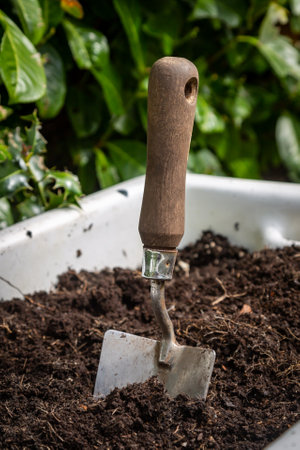 A trowel in a pile of soil ready for planting, on a spring dayの写真素材
