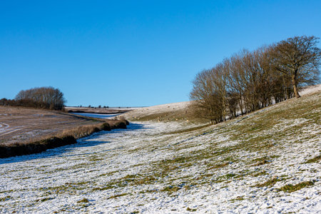 A view at Ditchling Beacon after snowfall, with a blue sky overhead
