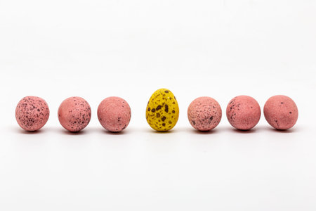 A row of chocolate eggs against a white backgroundの写真素材