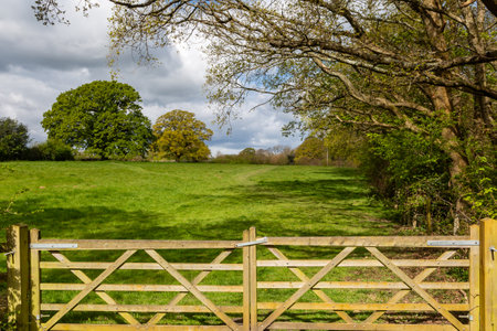 A wooden gate at the edge of a field in Sussex, on a sunny spring dayの写真素材