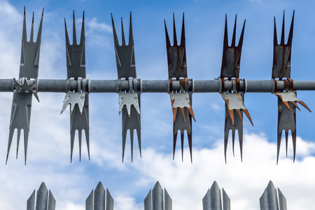 Looking up at a sharp razor  wire fence against a bue sky